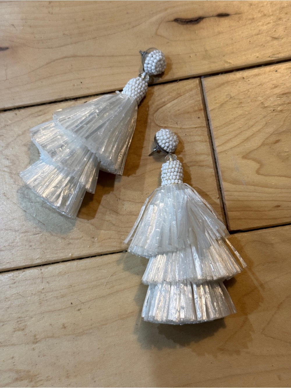Deepa Gurnani White Beaded Tiered Tassel Drop Earrings